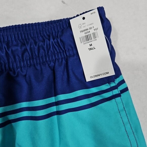 Old Navy Mens Medium Tall Blue Teal Striped Swim Trunks Board Shorts Surf - Picture 2 of 9
